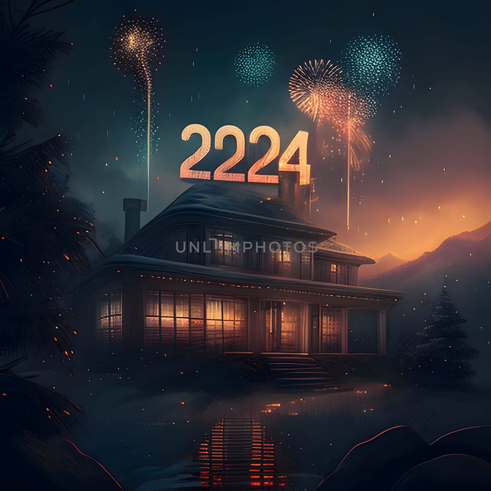 Card, illustration, graphic with house, inscription 2024 to celebrate the new year. by ThemesS