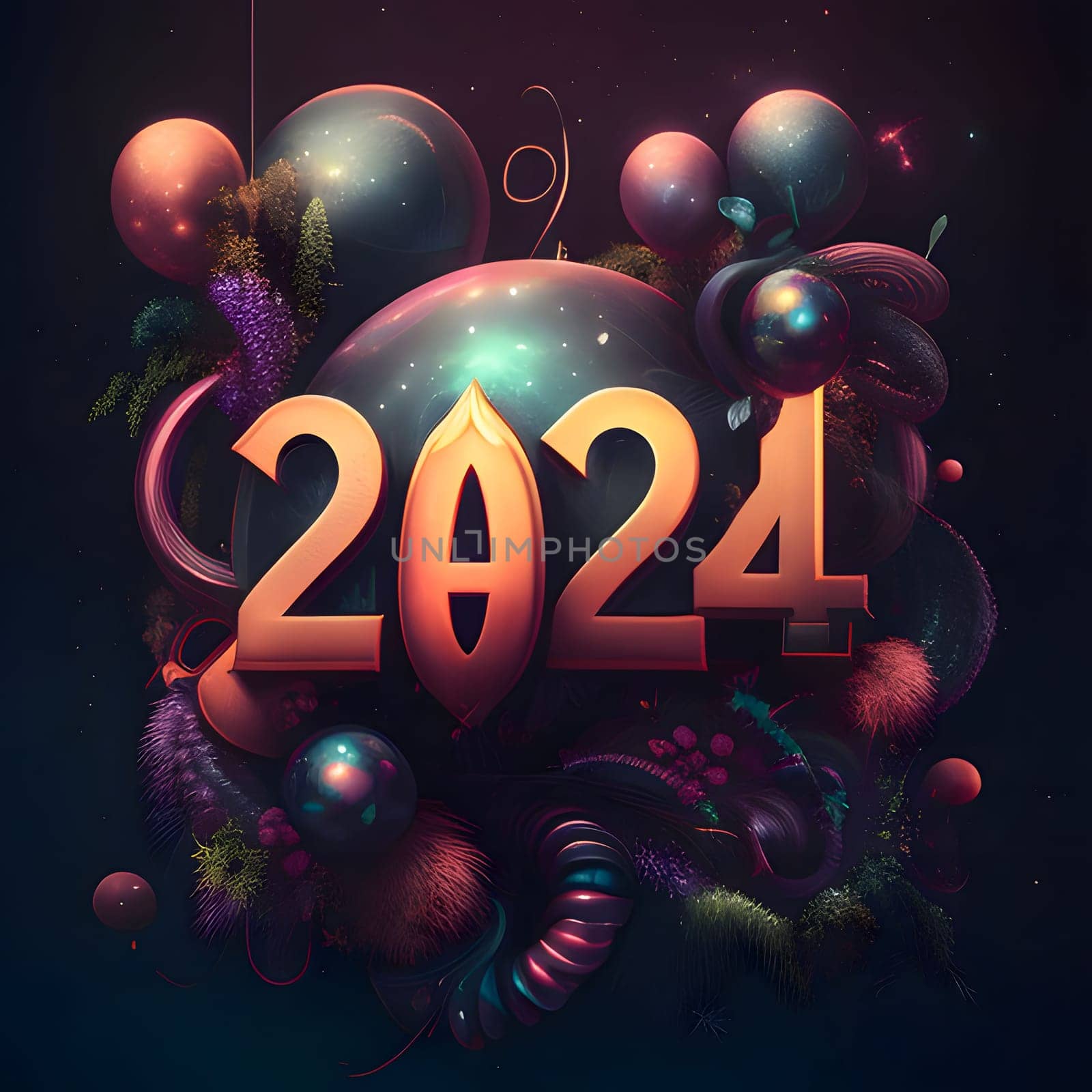 Card, illustration, graphic with futuristic image, inscription 2024 to celebrate the new year. by ThemesS