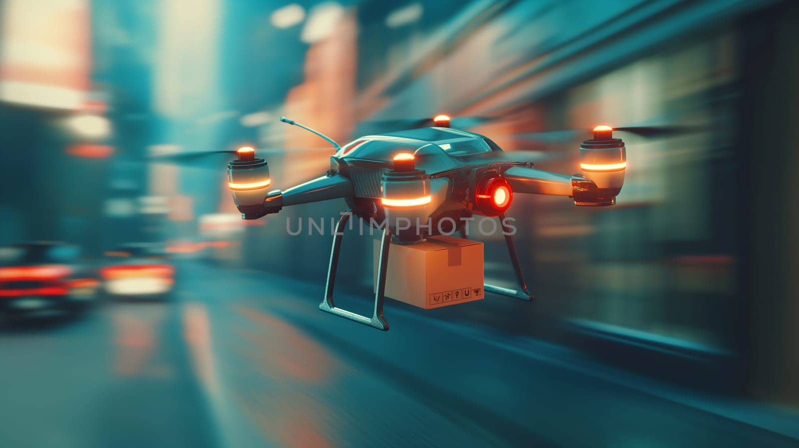 A quadcopter drone with illuminated lights is carrying a package, seamlessly navigating between high-rise buildings in a city at twilight - Generative AI