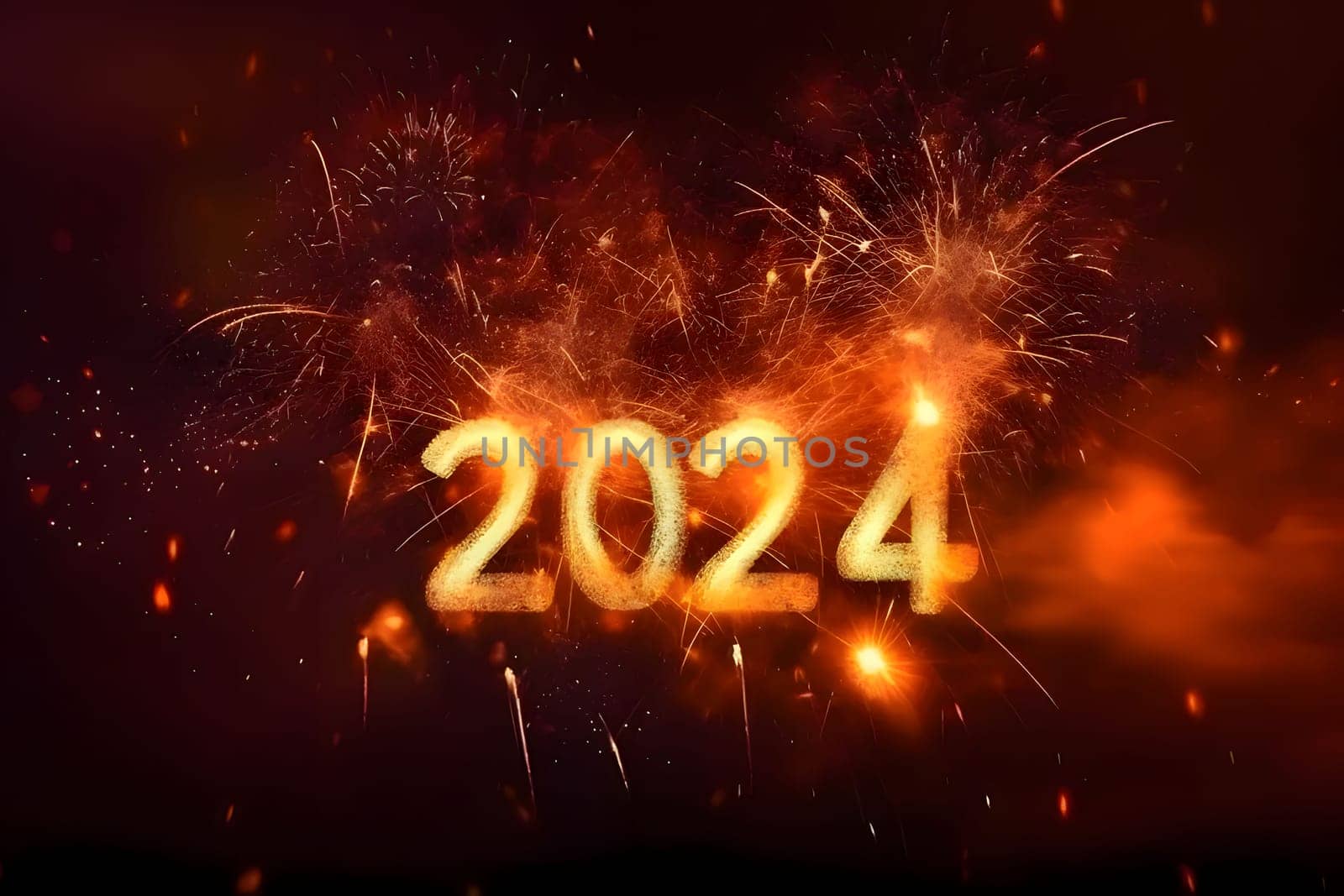 Card, illustration, graphic with fireworks launch, inscription 2024 to celebrate the new year. A time of festivities and resolutions.