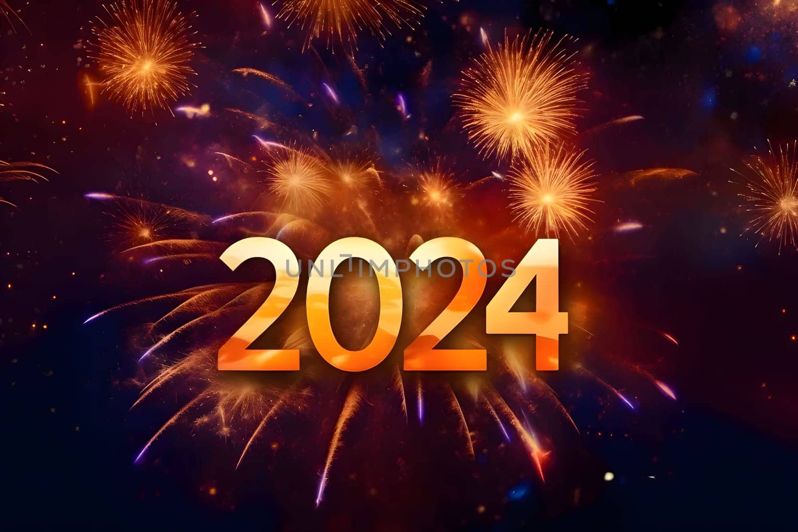 Card, illustration, graphic with fireworks launch, inscription 2024 to celebrate the new year. A time of festivities and resolutions.