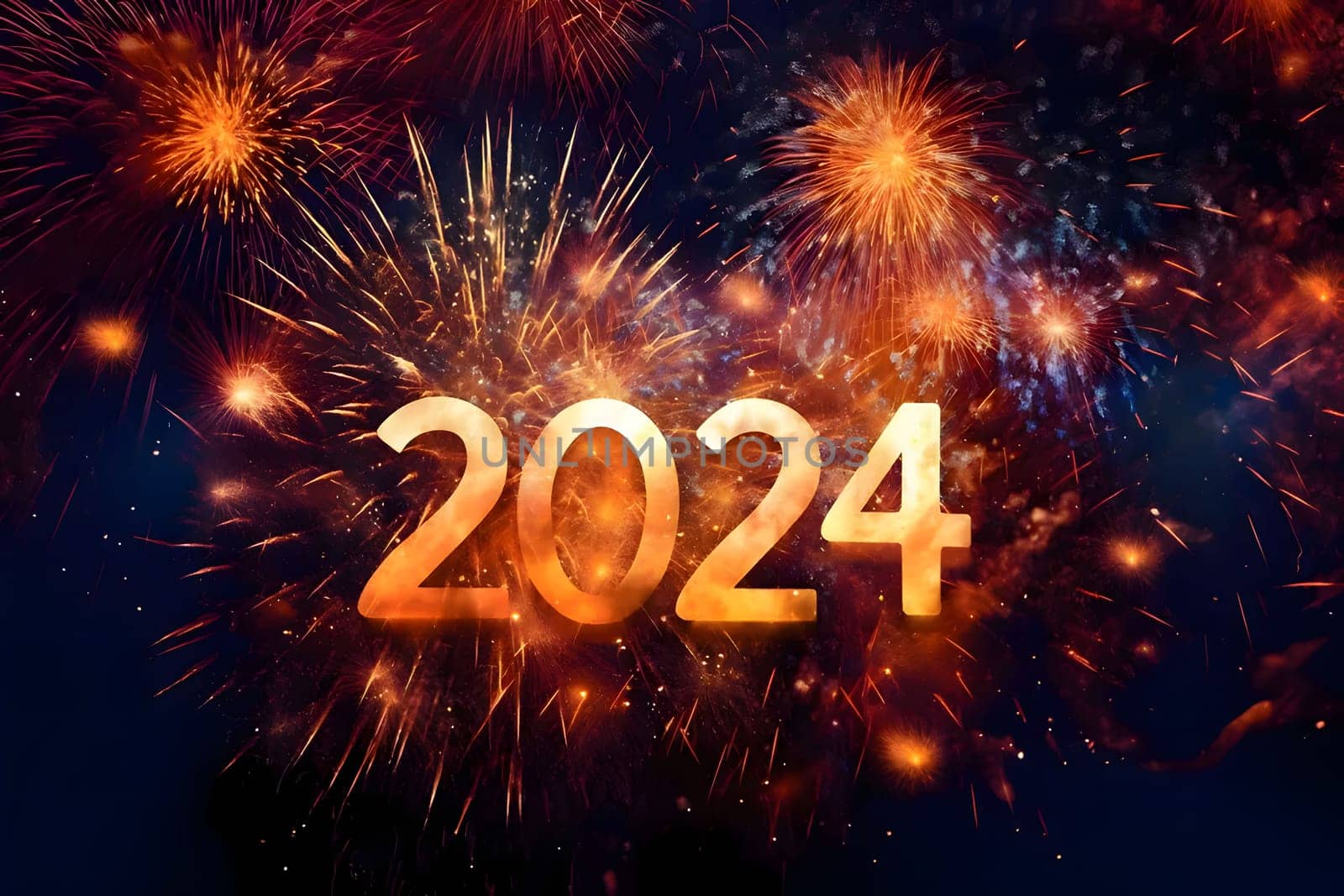 Card, illustration, graphic with fireworks launch, inscription 2024 to celebrate the new year. A time of festivities and resolutions.
