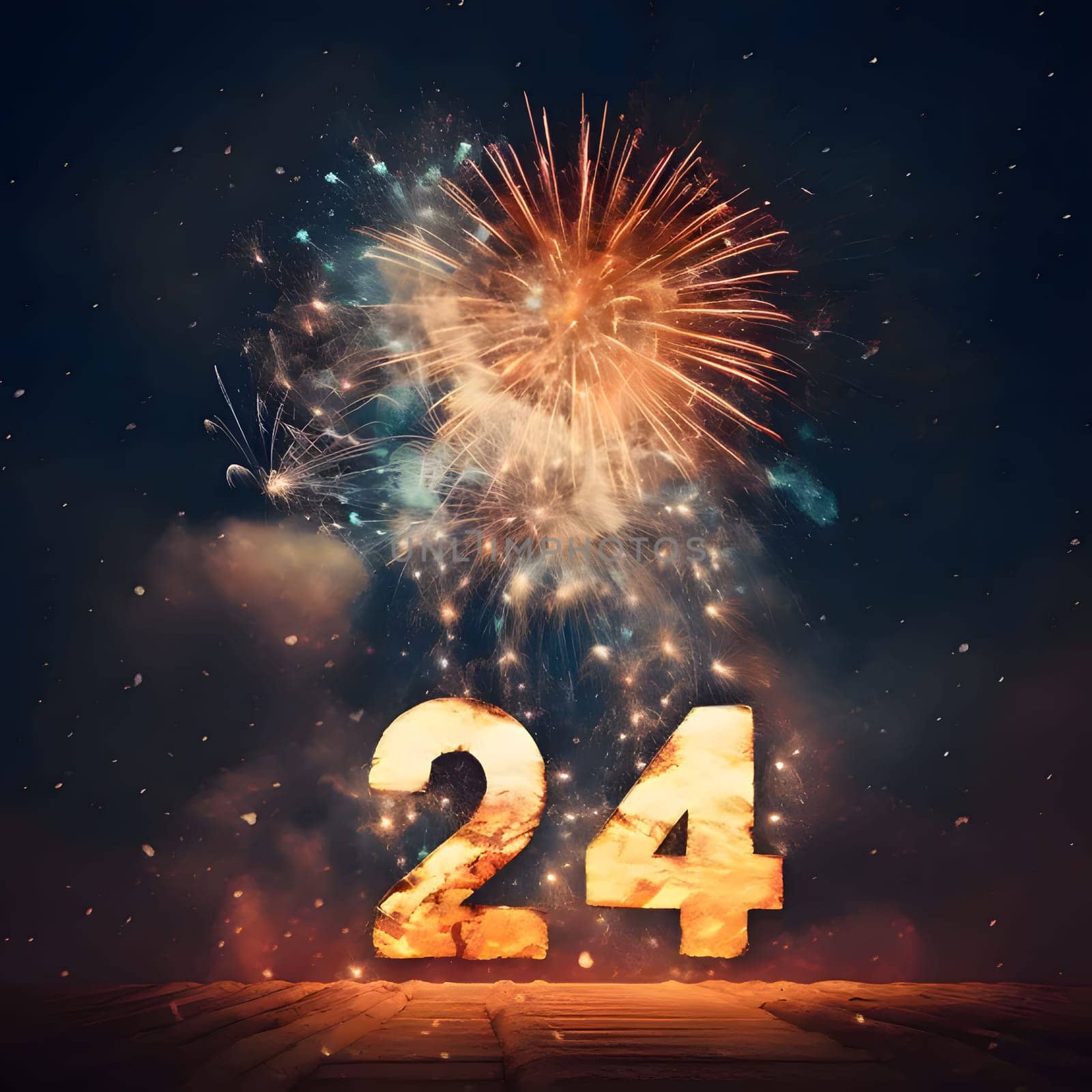 Card, illustration, graphic with fireworks, inscription 2024 to celebrate the new year. by ThemesS