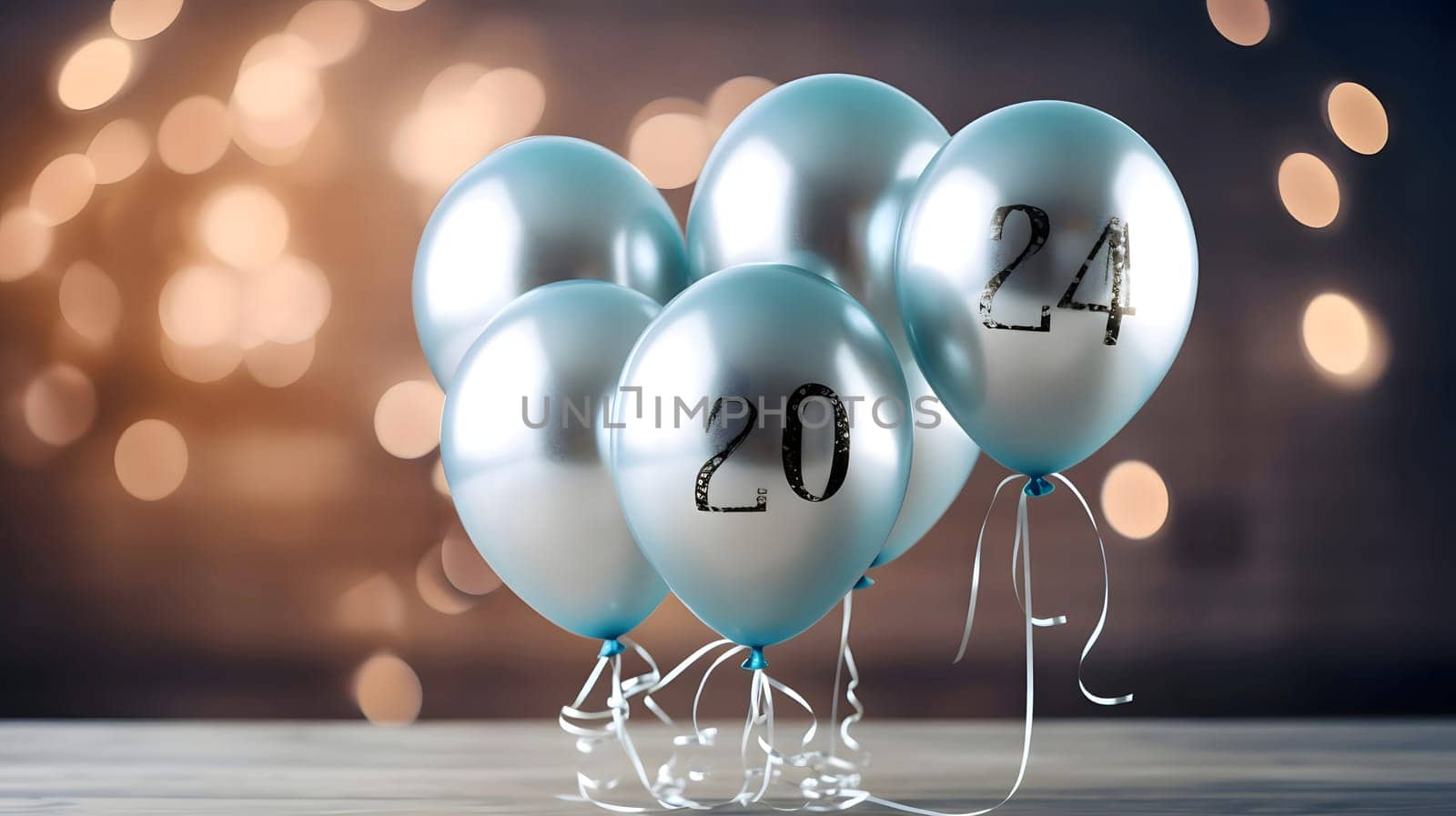 Card, illustration, graphic of balloons with the inscription 2024 to celebrate the new year. Bokeh effect as a background. A time of festivities and resolutions.