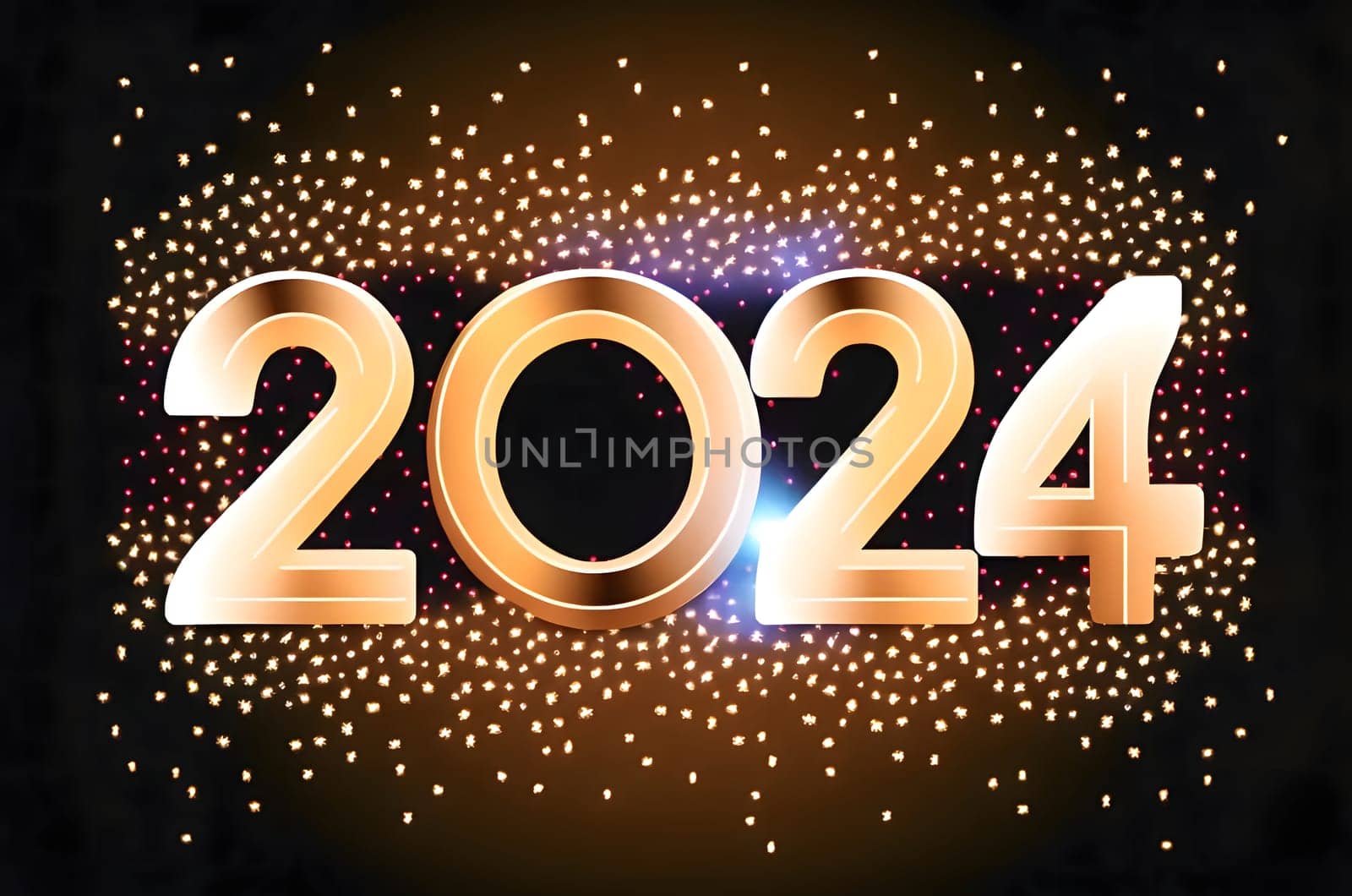 Card, illustration, graphic gold stars with the inscription 2024 to celebrate the new year. A time of festivities and resolutions.