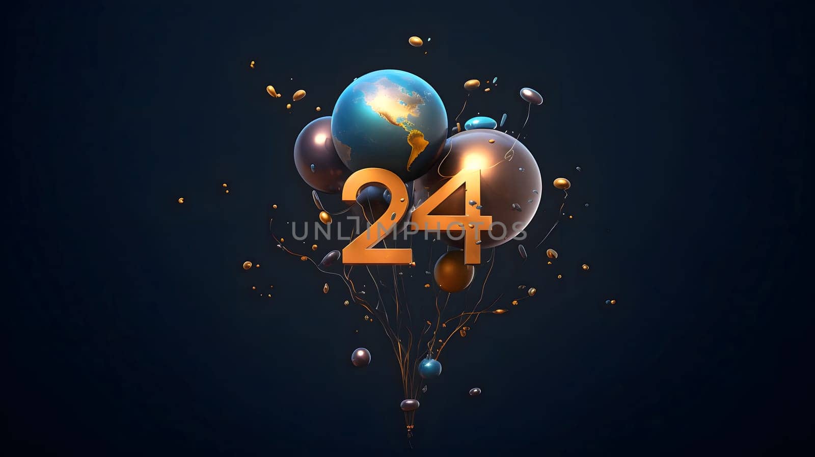 Card, illustration, graphic of balloons with the inscription 2024 to celebrate the new year. Dark background. A time of festivities and resolutions.