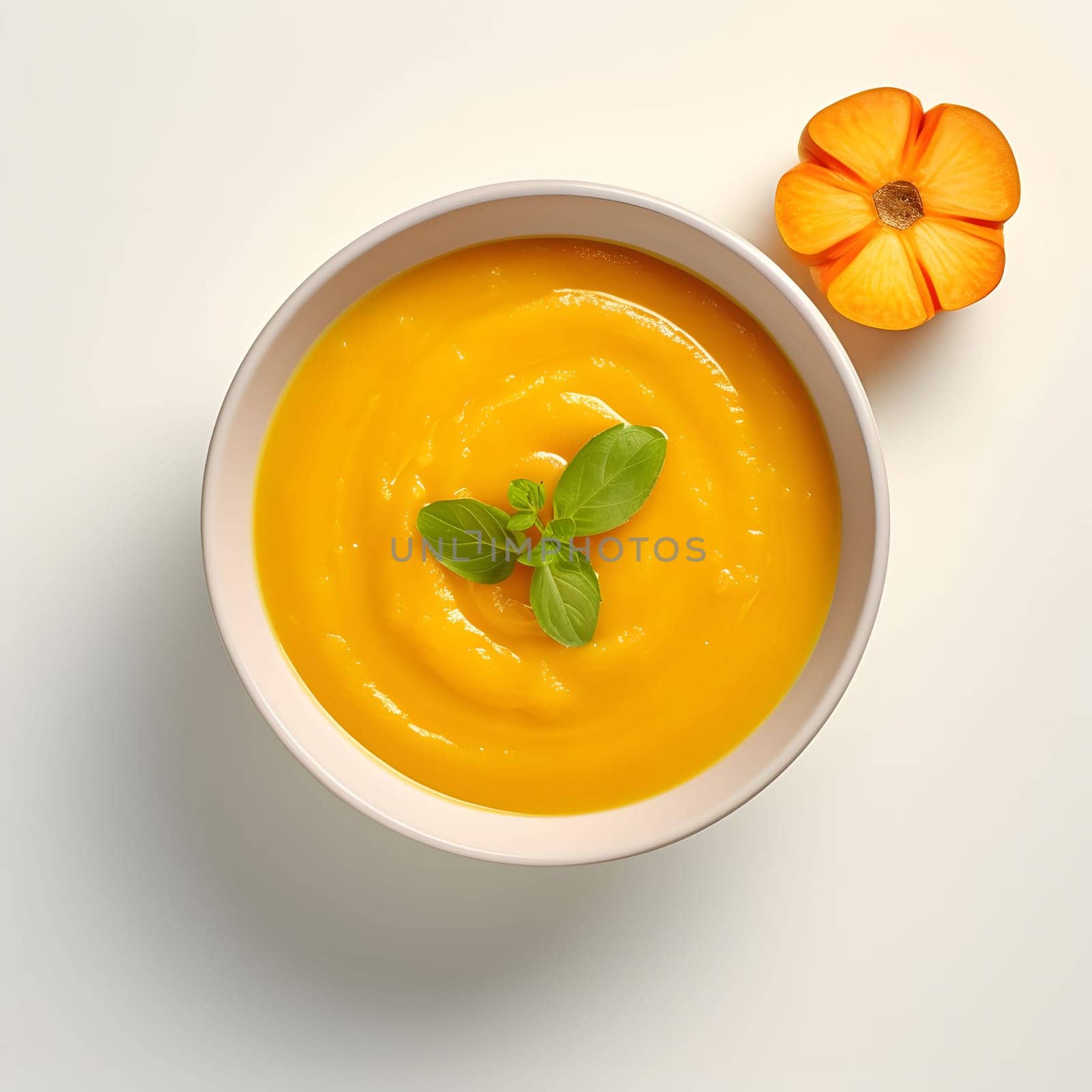 Top view of a bowl with pumpkin soup and basil leaves. Pumpkin as a dish of thanksgiving for the harvest, picture on a white isolated background. Atmosphere of joy and celebration.