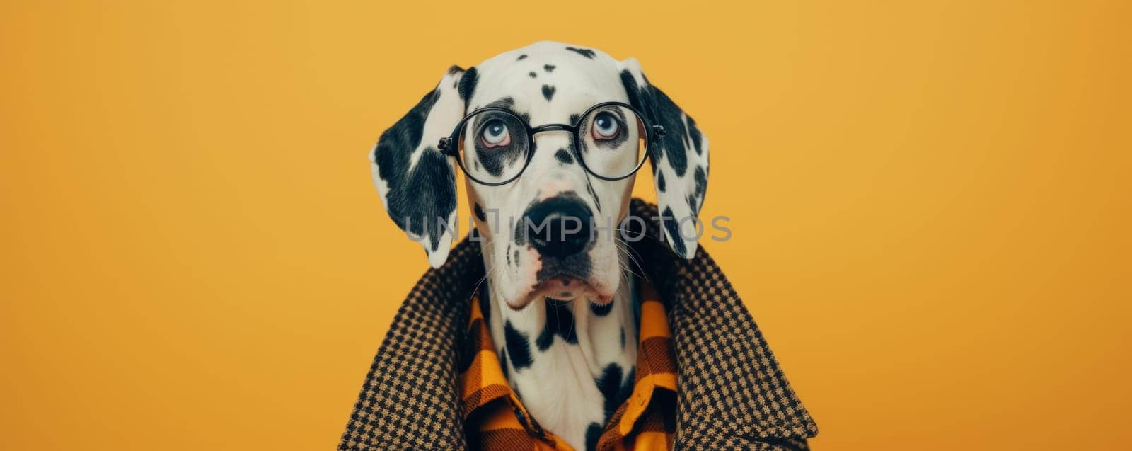 Dalmatian Dog Wearing Glasses and Coat by Anastasiia