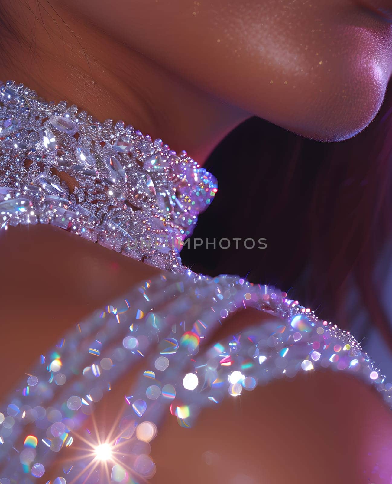 a close up of a woman wearing a necklace with rhinestones on it by Nadtochiy