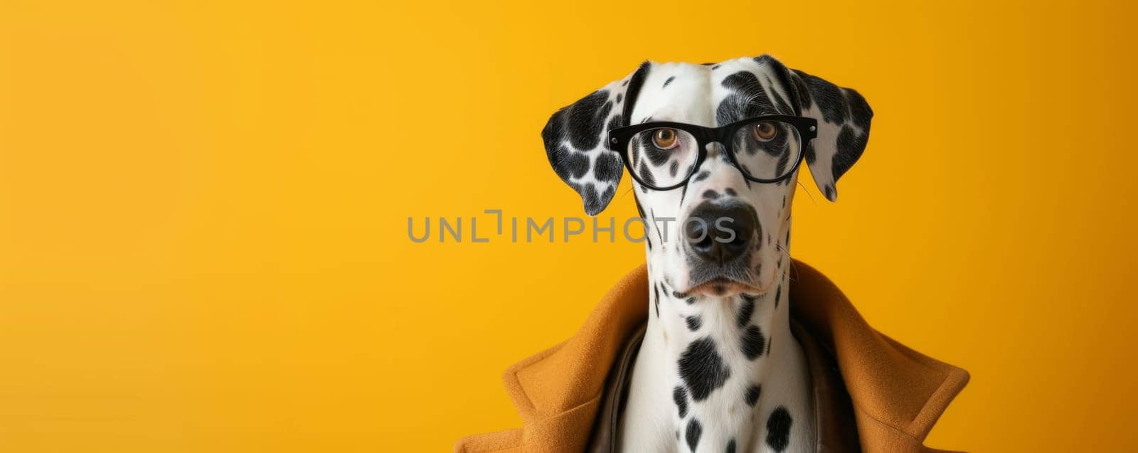 Dalmatian Dog Wearing Glasses and Coat on Yellow Background by Anastasiia