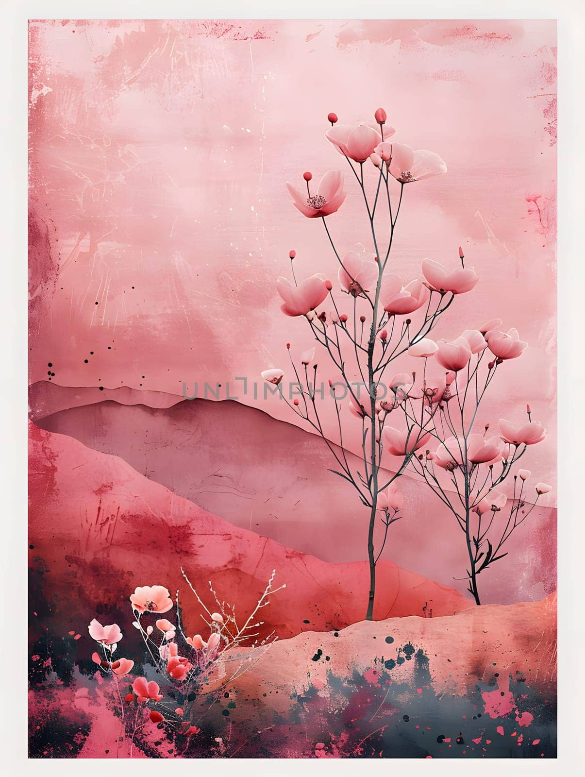 An artistic representation of a tree with pink flowers on a pink background, showcasing the beauty of nature in a creative and colorful way