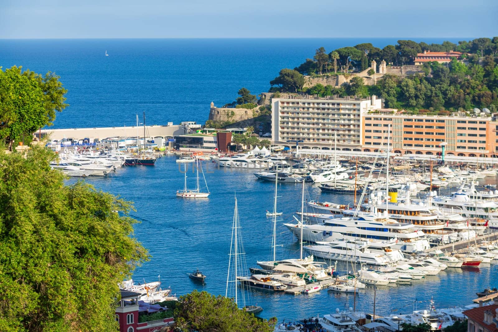 Panoramic view of Monte Carlo marina and cityscape. Principality of Monaco, French Riviera