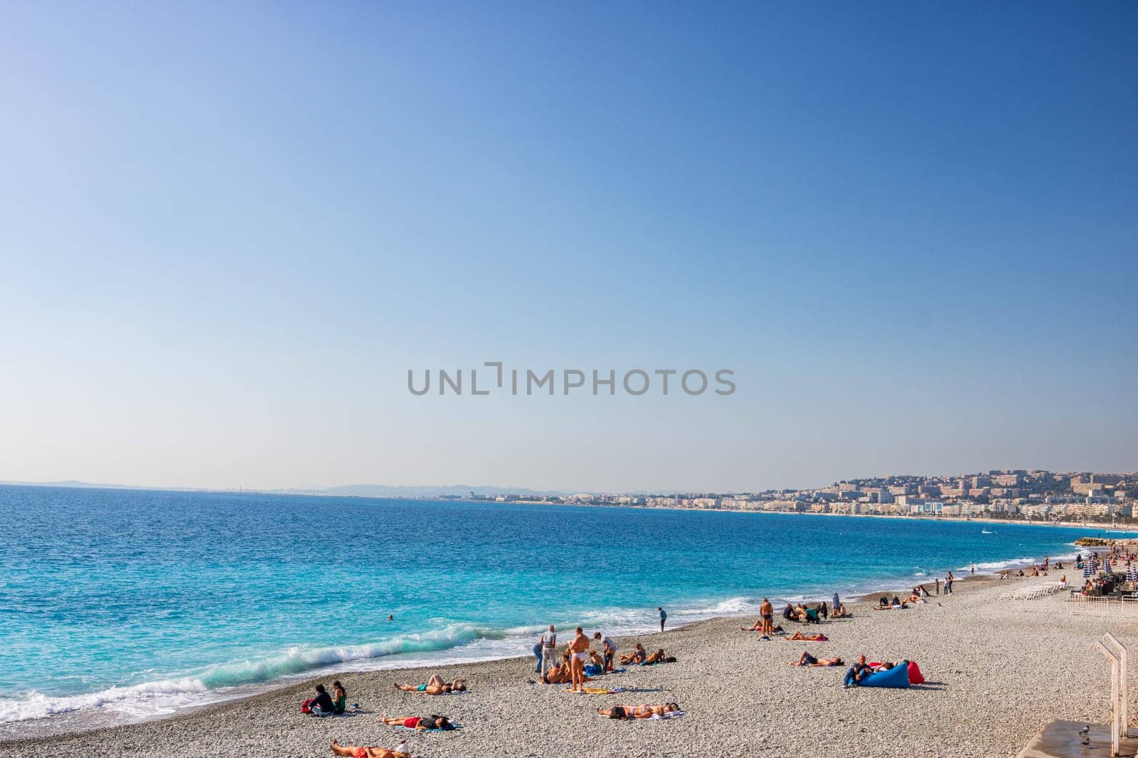 View of the beach in Nice, France, near the Promenade des Anglais