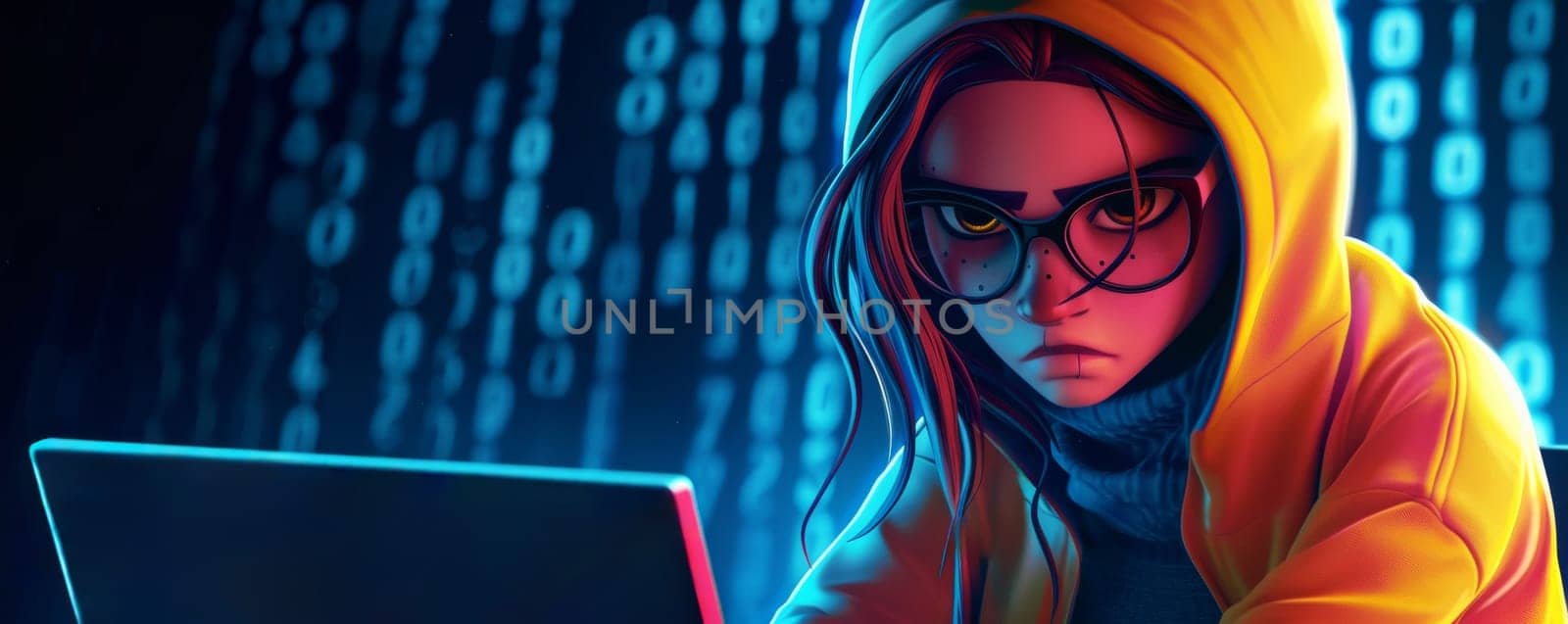 Cartoon Hacker Woman in Yellow Hoodie Sitting in Front of Laptop.