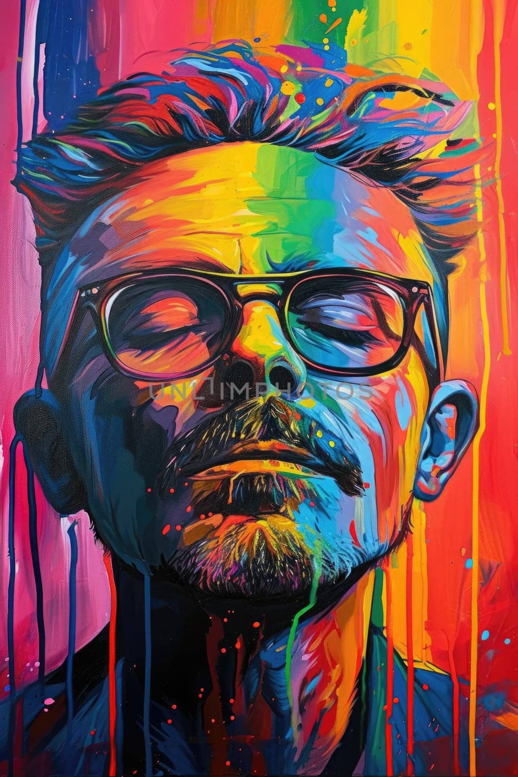 The comic colourful picture of the short hair male adult human head and has been wearing sunglasses with straight face yet picture fill with various colour that make picture fill with emotion. AIGX01.