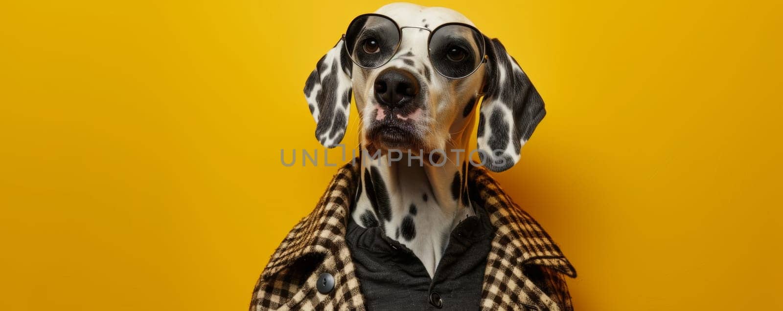 Dalmatian Dog Wearing Glasses and Coat by Anastasiia