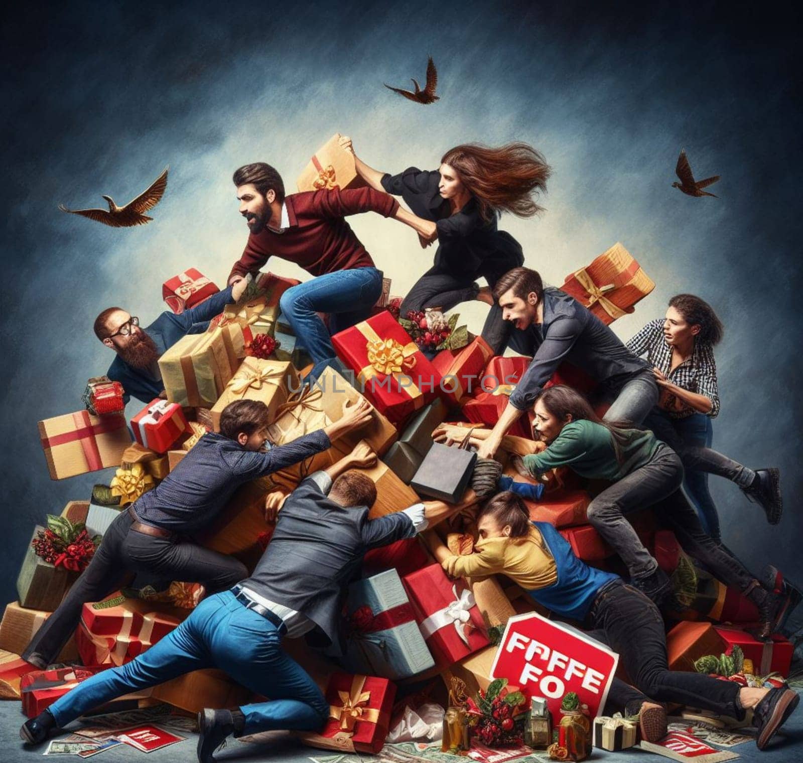 Surreal scene of people and objects in chaos to grab black friday offers at launch click day by verbano