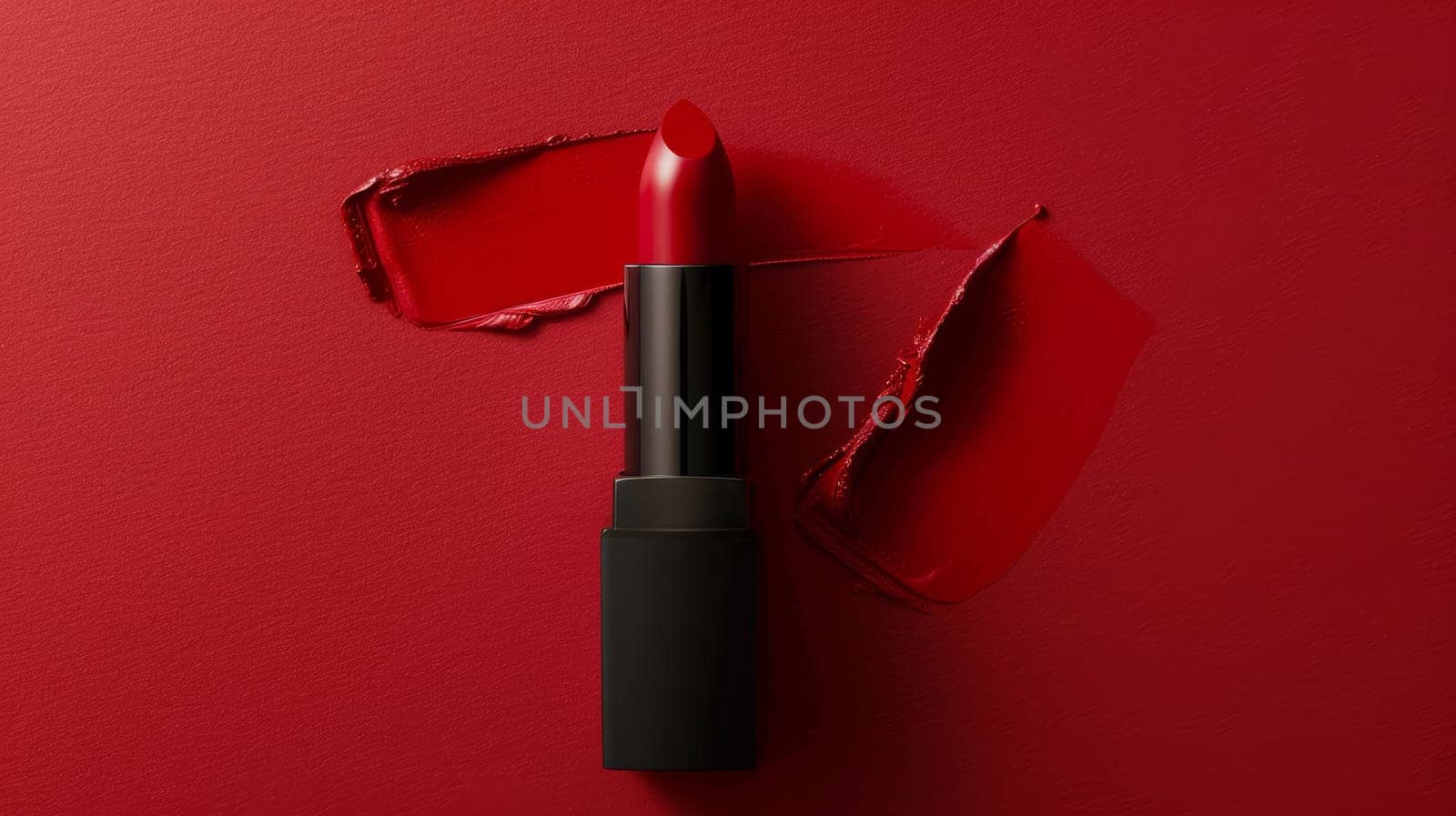 Close up of red lipstick on red background.