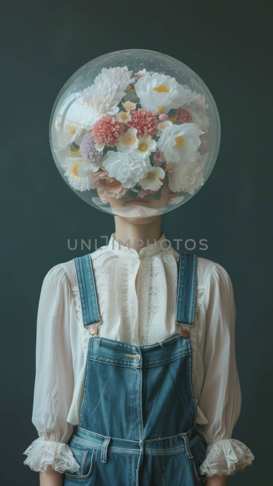 Woman Wearing Overalls and Soap Bubble with Flowers Instead of a Head by Anastasiia