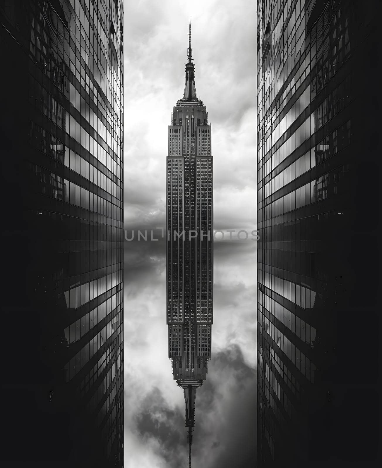 a black and white photo of the empire state building between two tall buildings by Nadtochiy