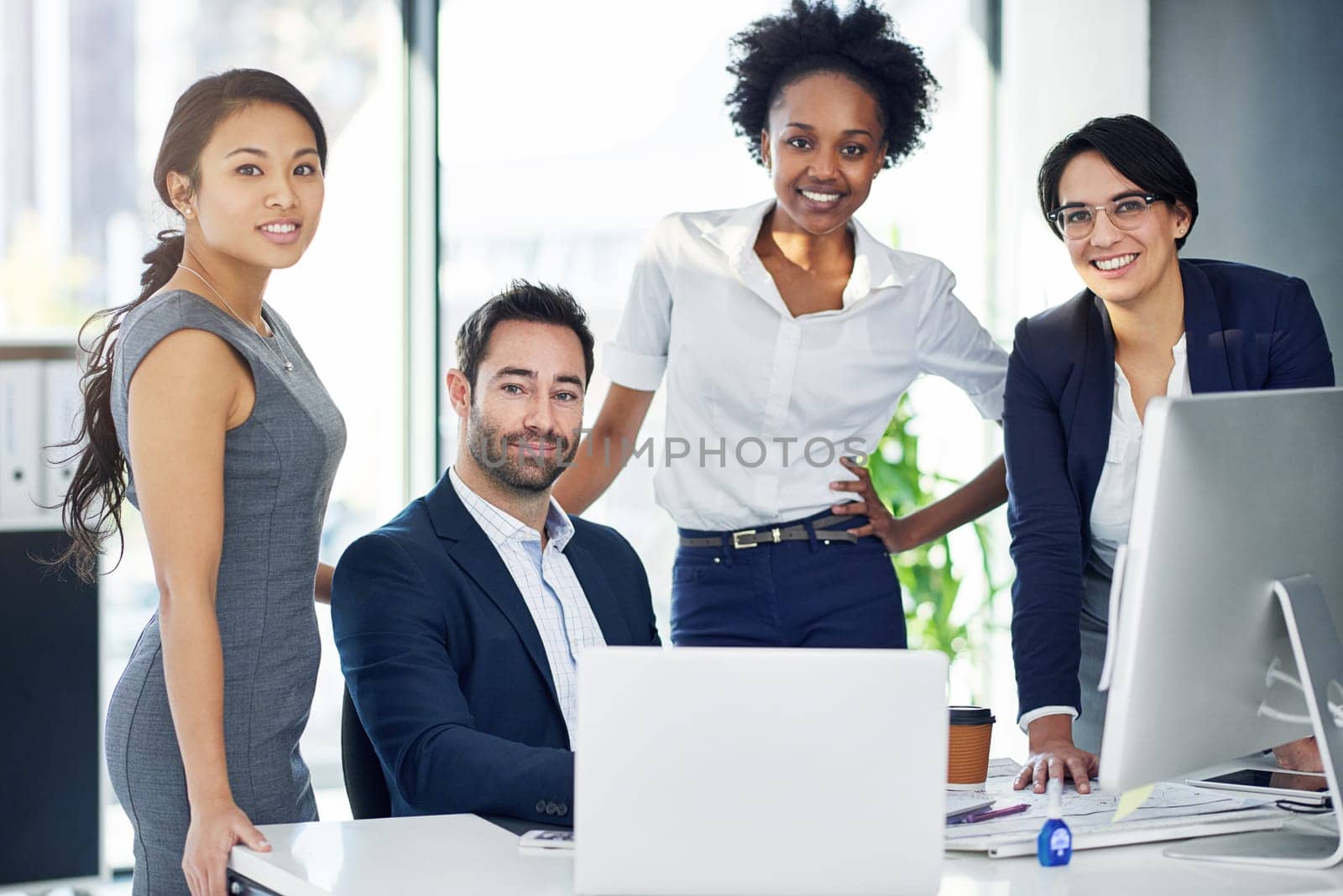 Smile, teamwork and portrait of business people in office with laptop for legal research for case. Happy, collaboration and group of attorneys working on law project with computer in workplace. by YuriArcurs