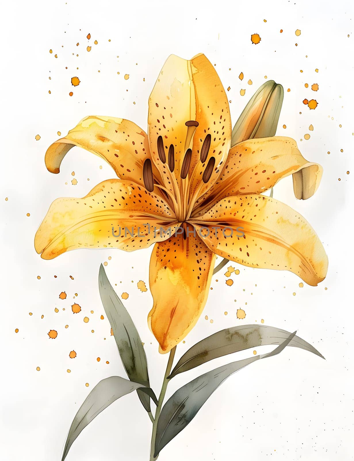 Artistic watercolor of yellow lily on white background by Nadtochiy