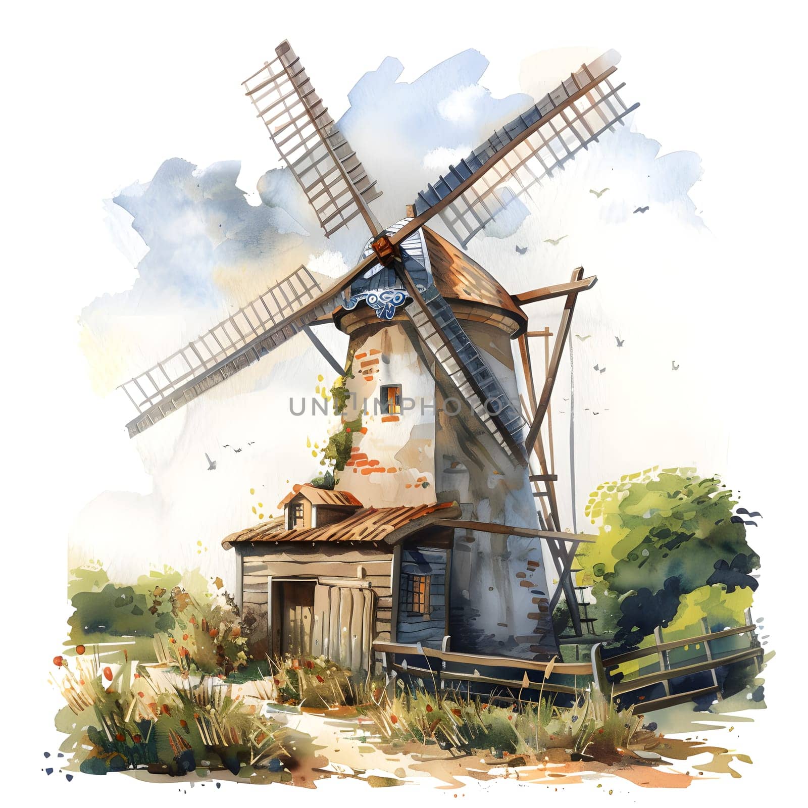 A watercolor of an old windmill in a field with a cloudy sky by Nadtochiy