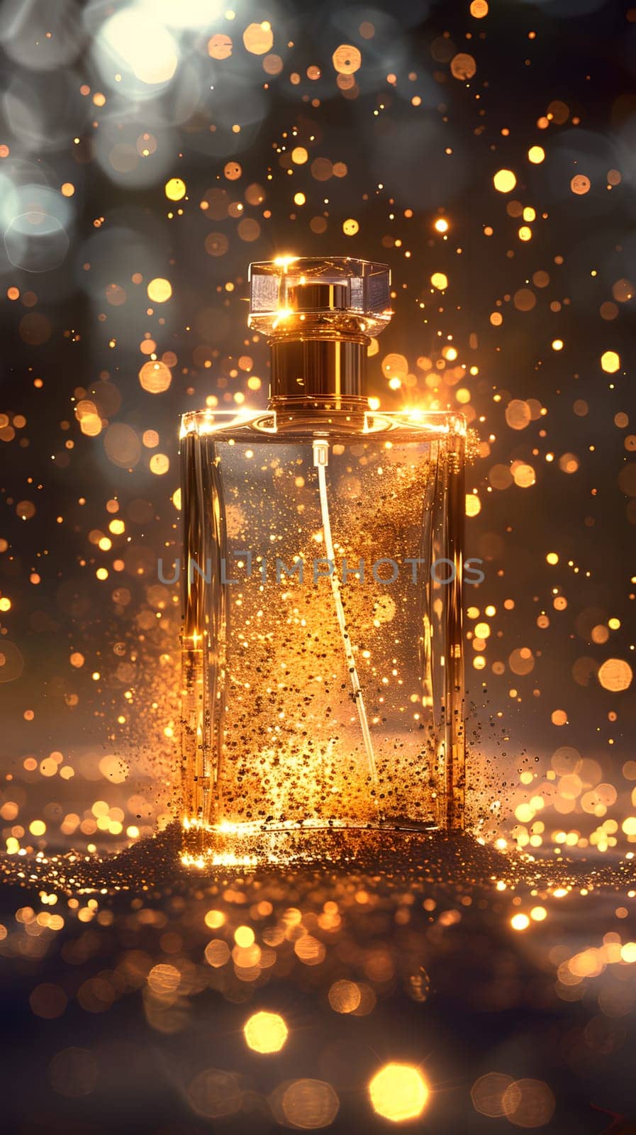 Atmospheric phenomenon surrounds the perfume bottle with gold glitter by Nadtochiy