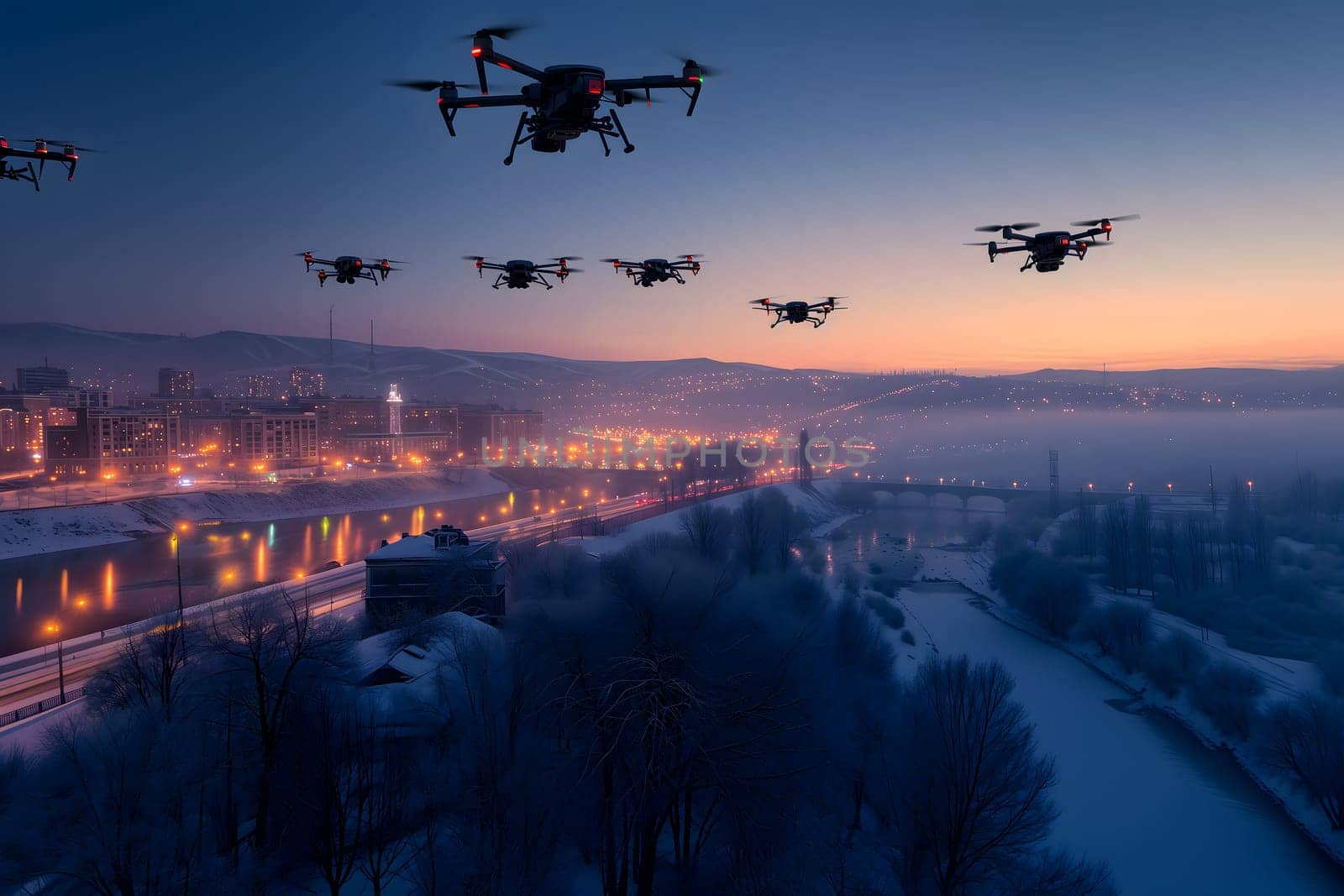 Group of drones over city at snowy winter night. Neural network generated image. Not based on any actual scene or pattern.