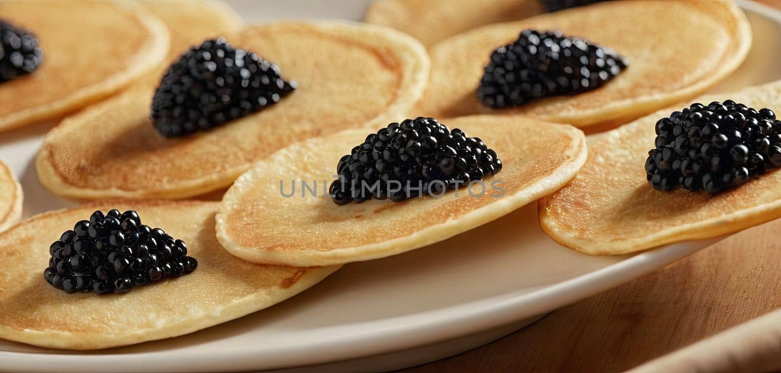 Pancakes with caviar for breakfast highlight luxury morning meal. Golden stack topped with black caviar, served on wooden plate, captures indulgent experience