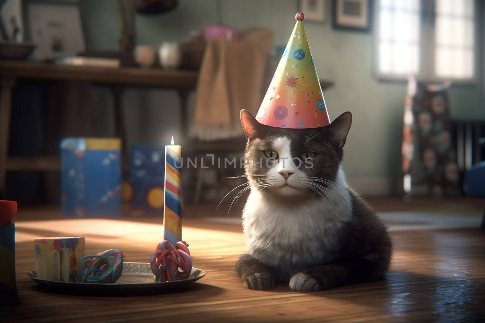 3D Cat With Party Hat Sits By A Birthday Gift In A Room