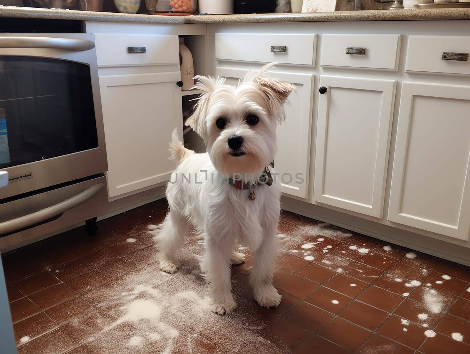 Small Beautiful White Yorkshire Terrier Breed Dog Made A Mess In The Kitchen