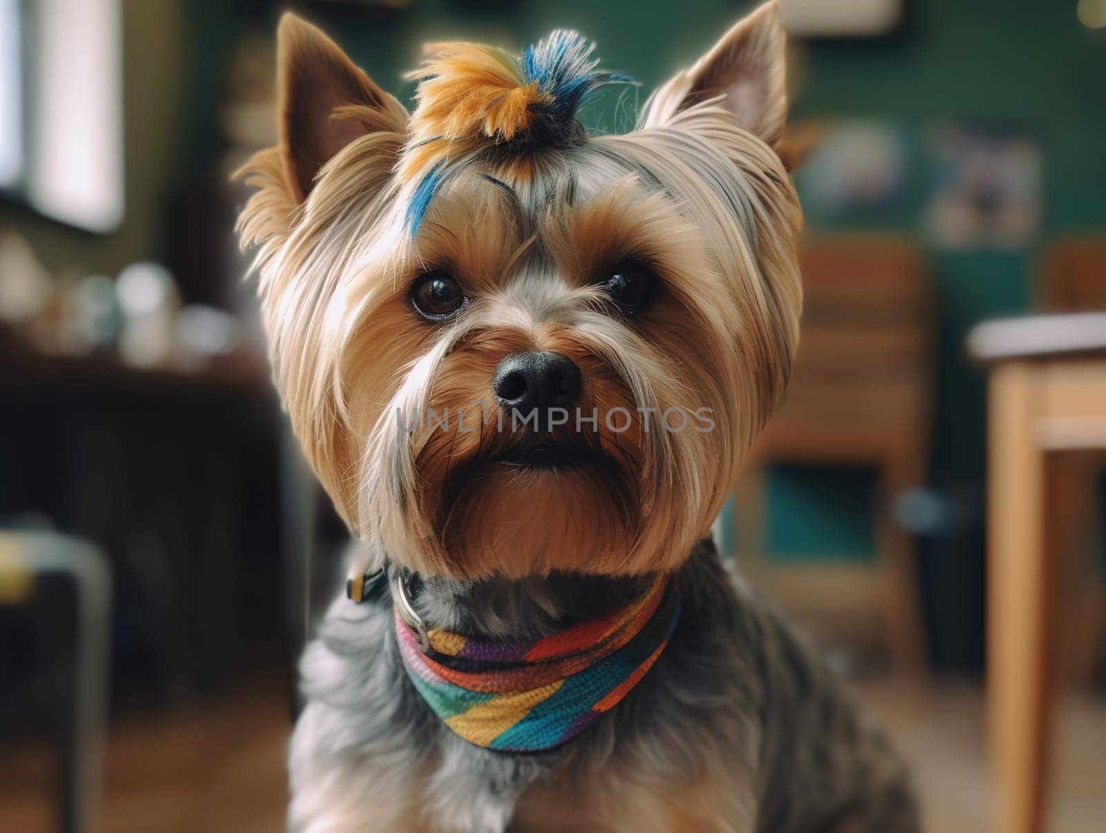 Adorable Yorkshire Terrier With Dyed Hair And Bandage