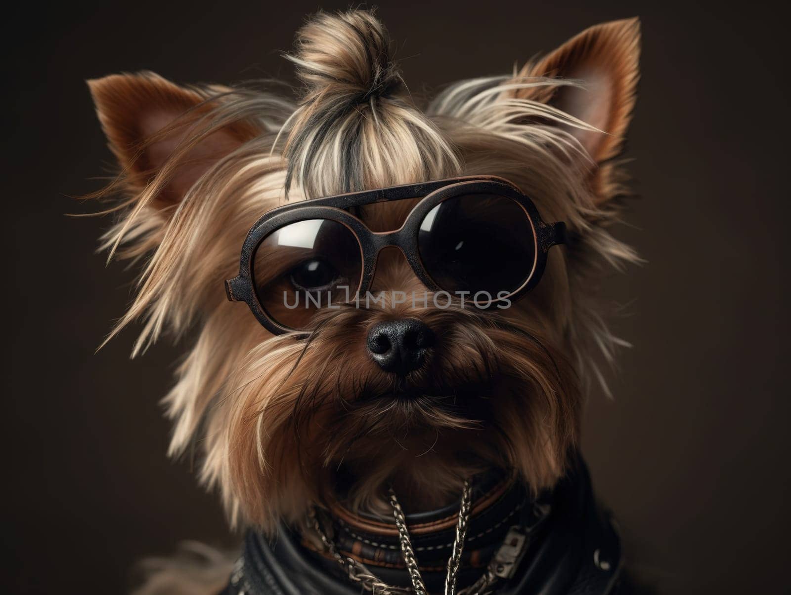 Humorous Yorkshire Terrier In Sunglasses Dressed As A Rock Star