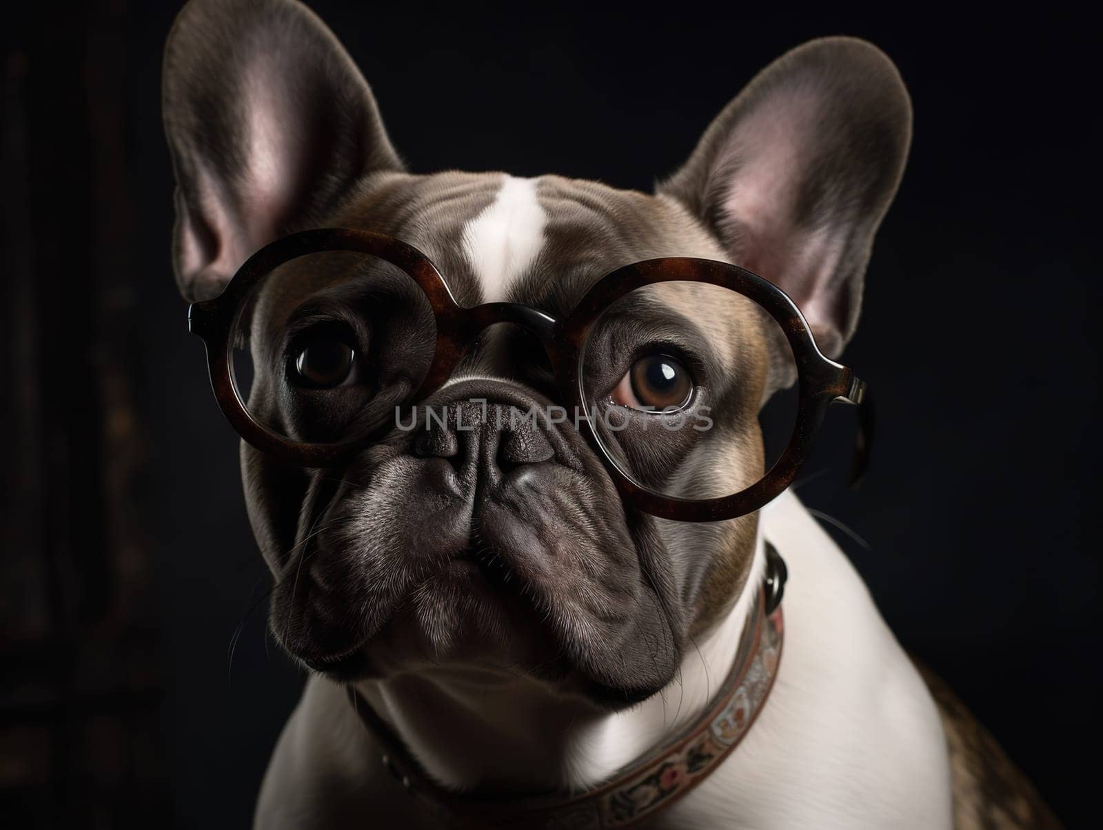 Cute Black Pug Dog Breed In Glasses Staring At Camera
