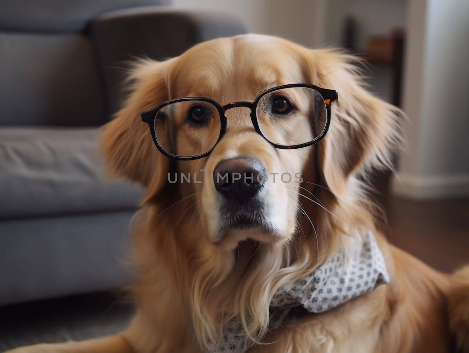 Smart Dog Golden Retriever Breed In Glasses Looking Into The Camera by tan4ikk1
