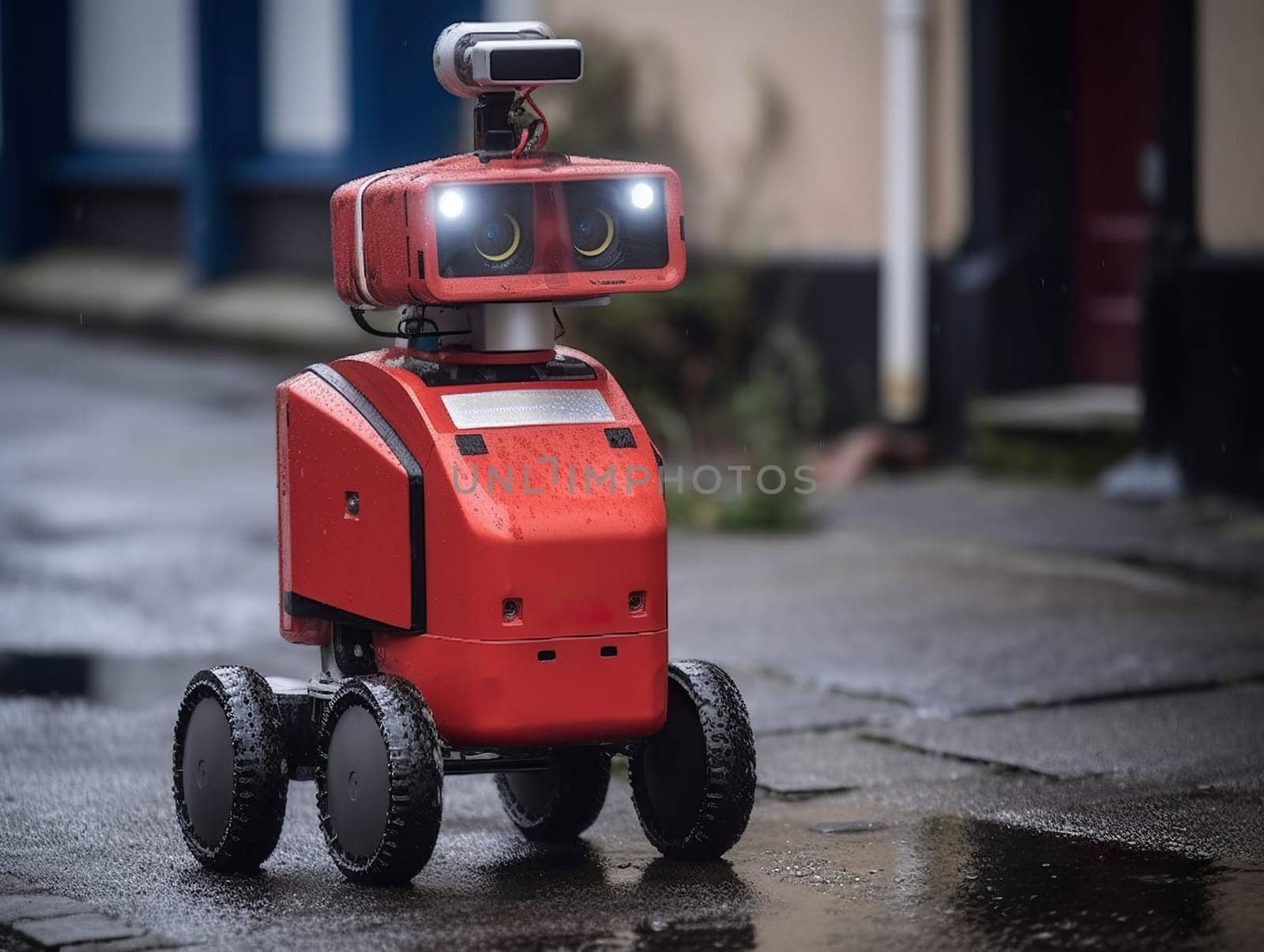 Old Fashioned Android Robot On Wheels On A City Road by tan4ikk1