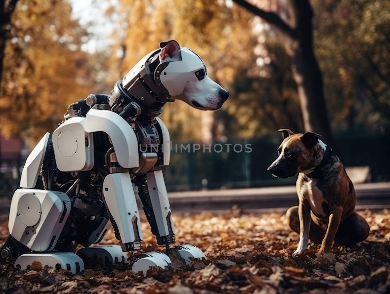 Large Robotic Dog And Actual Dog Playing In Park