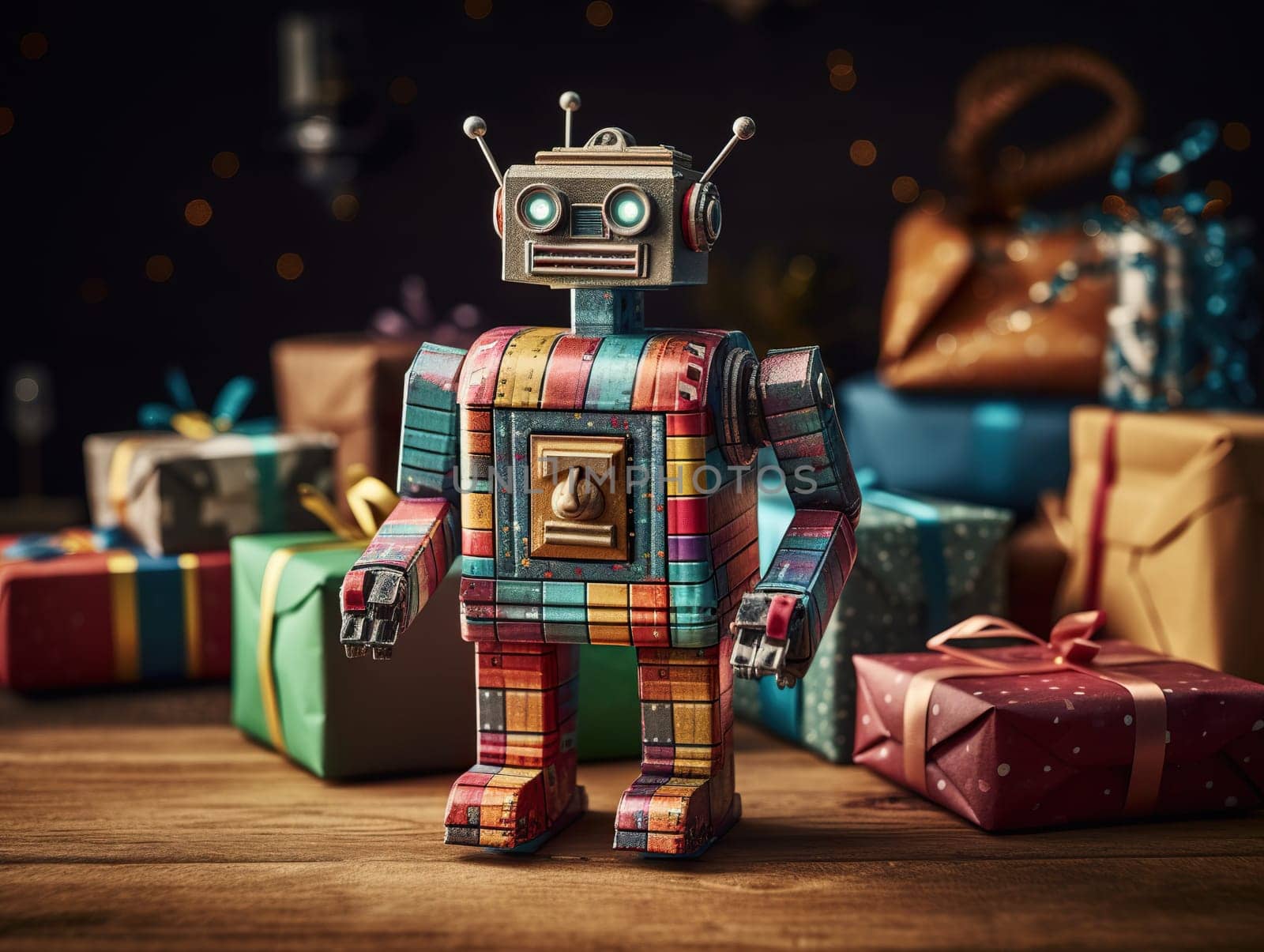 Illustration Of A Vintage, Colorful Robot Surrounded By Christmas Presents