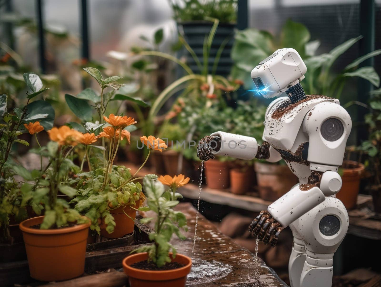 An Old-Style Android Robot Cultivates Flowers And Plants In A Greenhouse