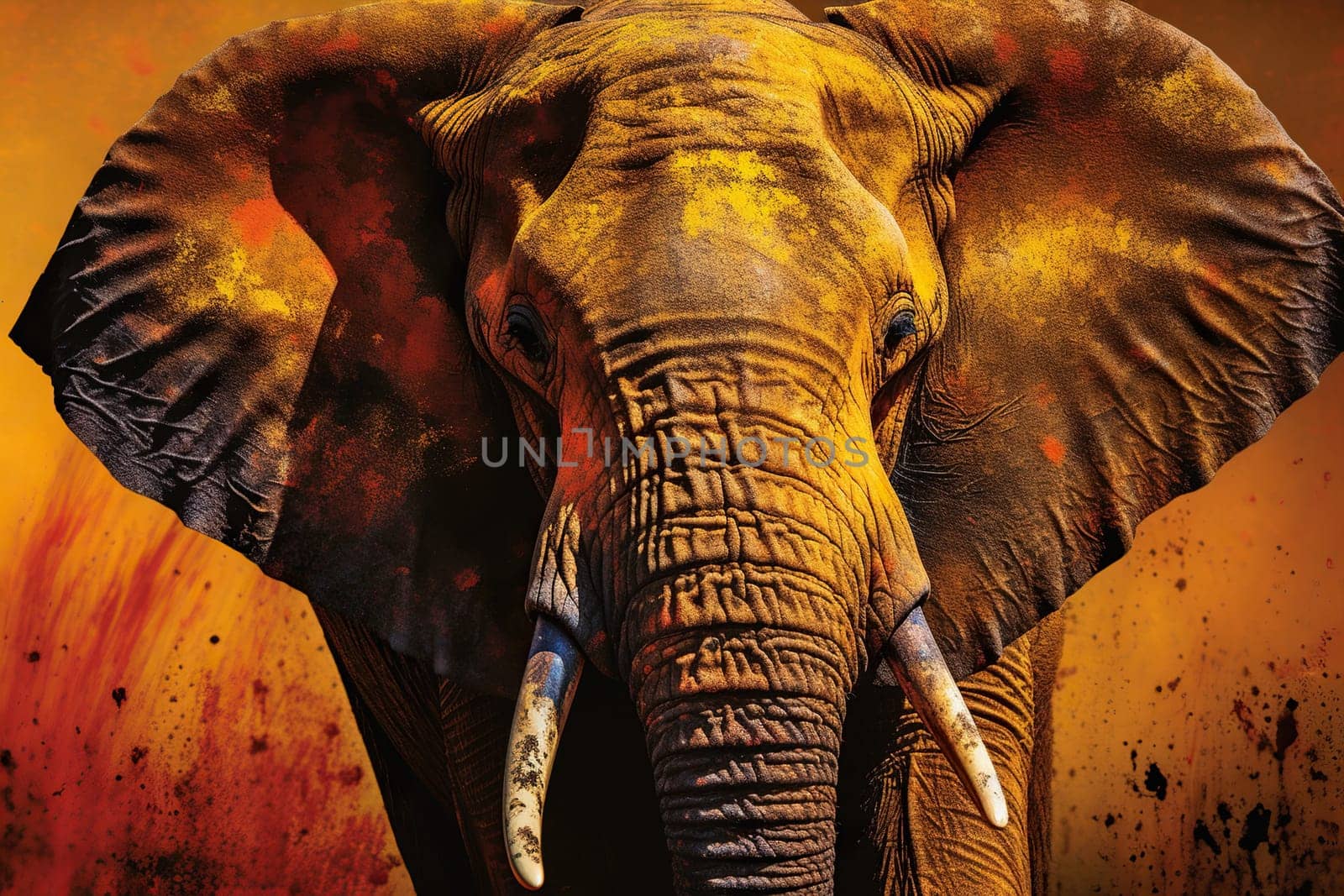 Large African Elephant Covered In Holi Powder Paint Against An Orange Backdrop