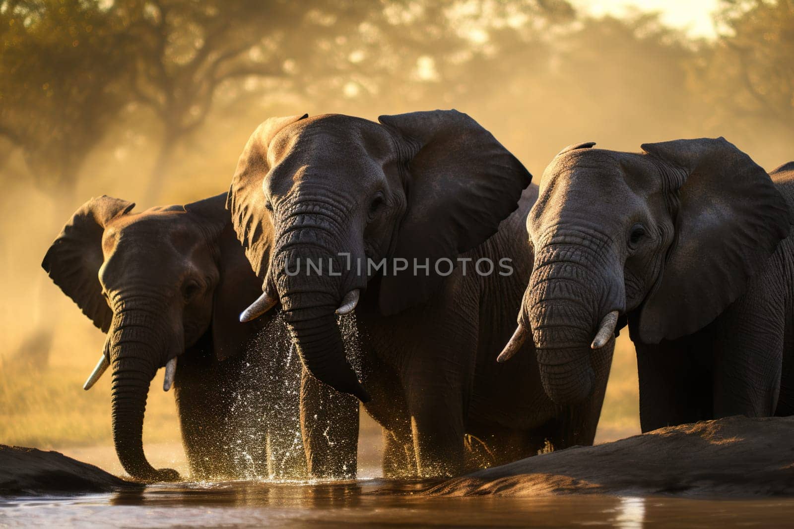 Elephant Family At A Water Trough On A Hot Day