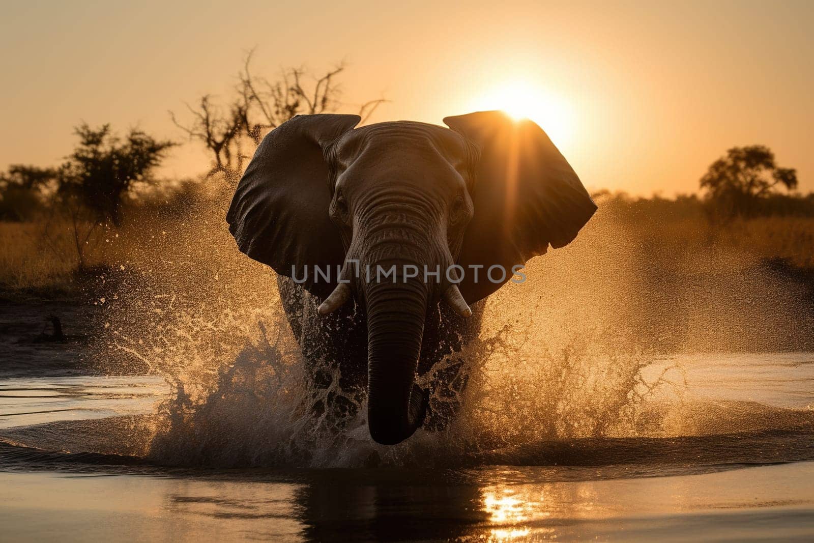 Elephant Playing With Water In River Close Up At Sunset