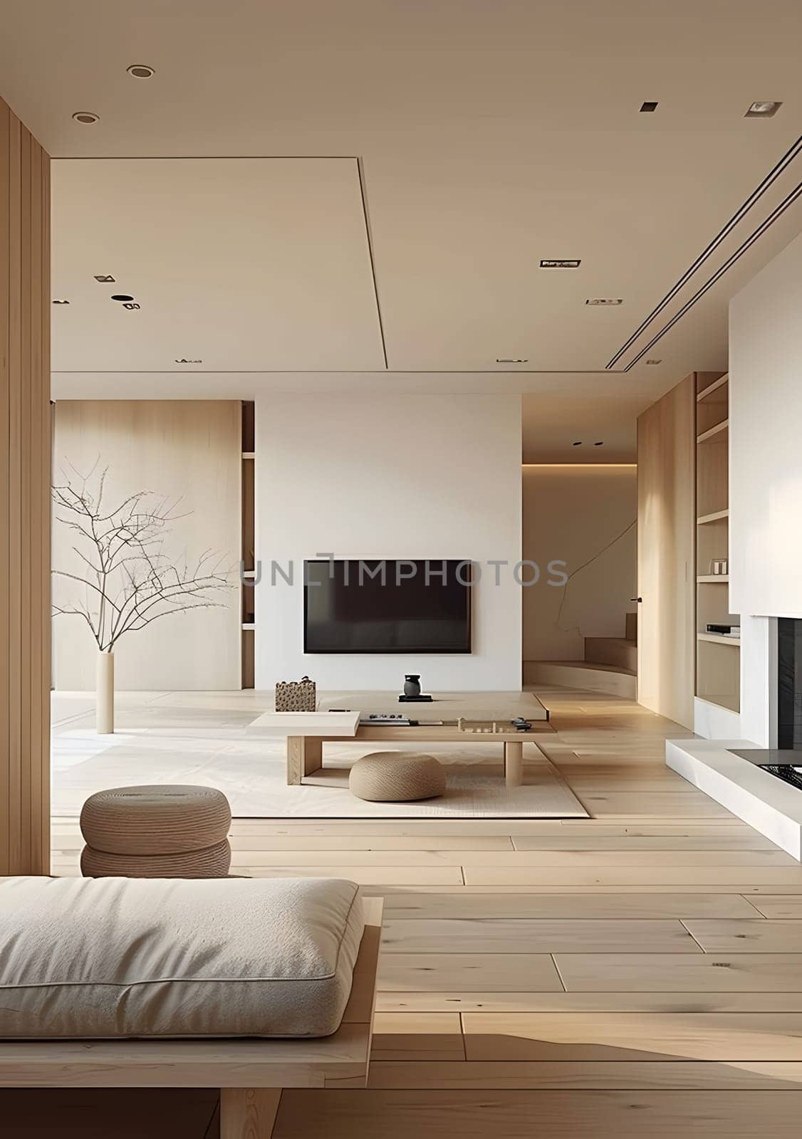 A modern living room in a building with hardwood flooring, featuring a flat screen TV mounted on the wall. Interior design highlights a rectangular shape, with a wooden ceiling