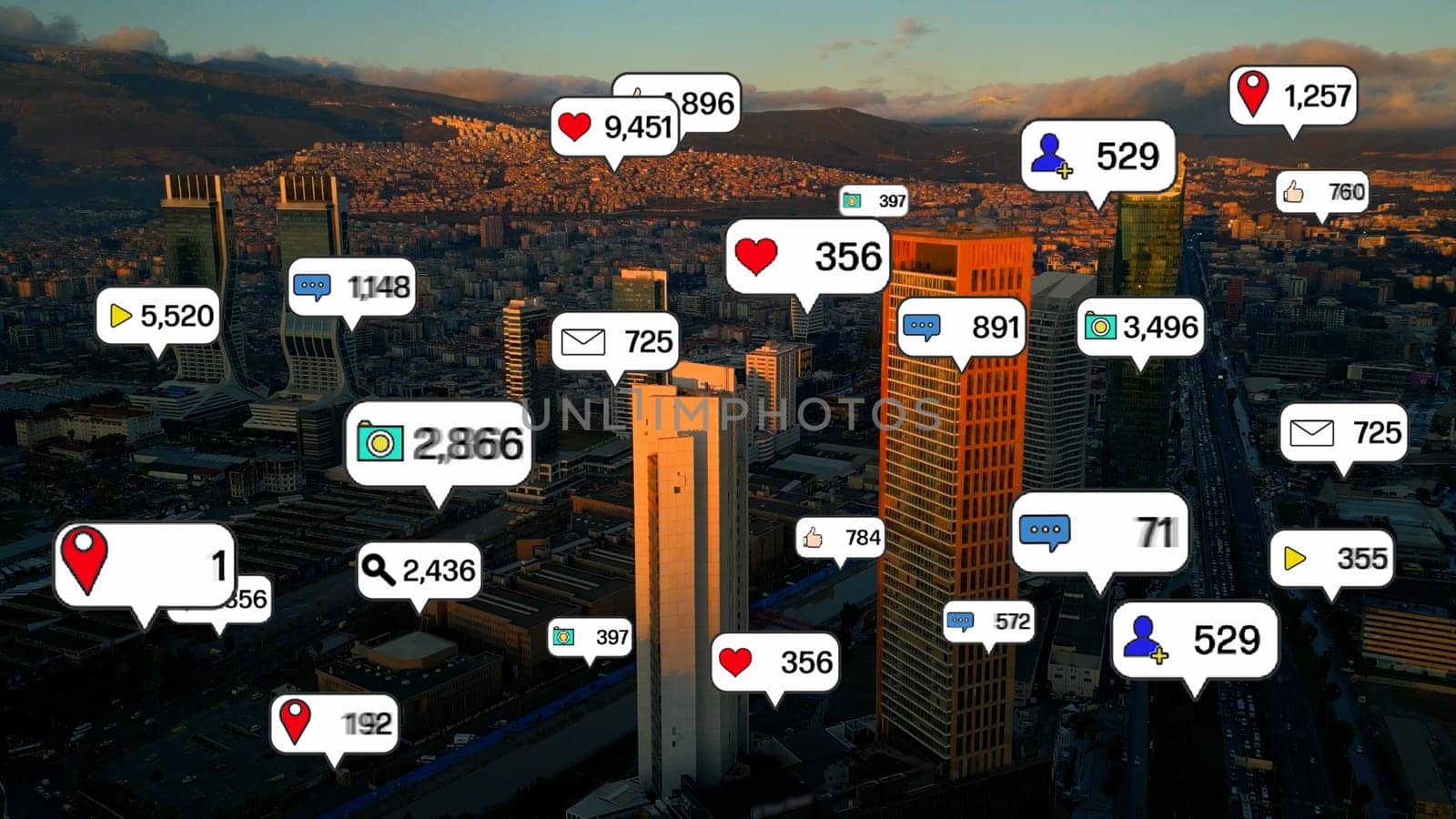 Social media and notification icons over the cities. social network concept by senkaya