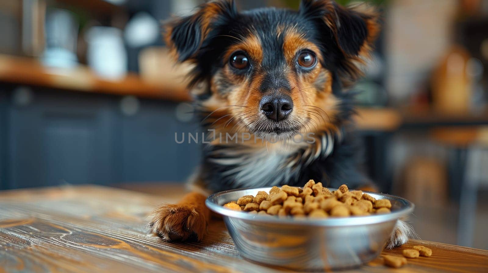 A dog is eating from a bowl of food, Generative AI.