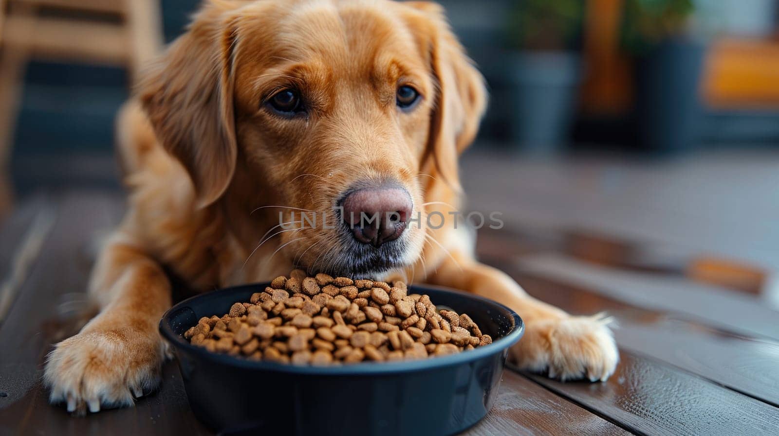 A dog is eating food from a bowl, Generative AI by nijieimu