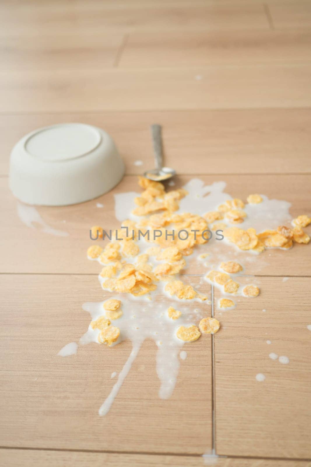 Spilled breakfast cereal on floor