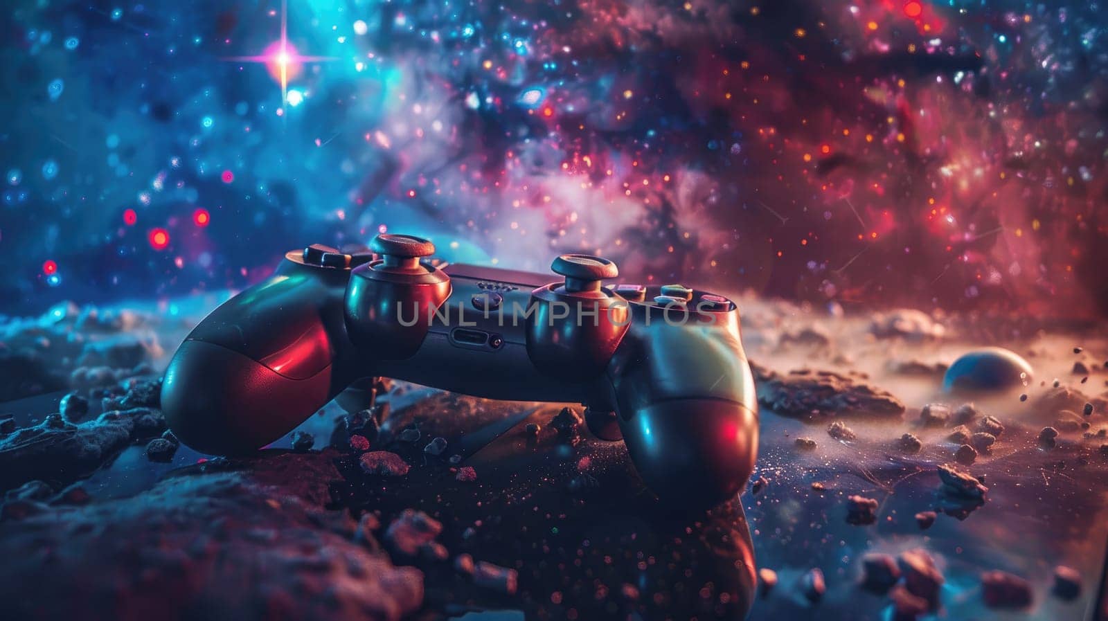 A black Playstation controller is on a rocky surface in front of a starry sky, Generative AI.