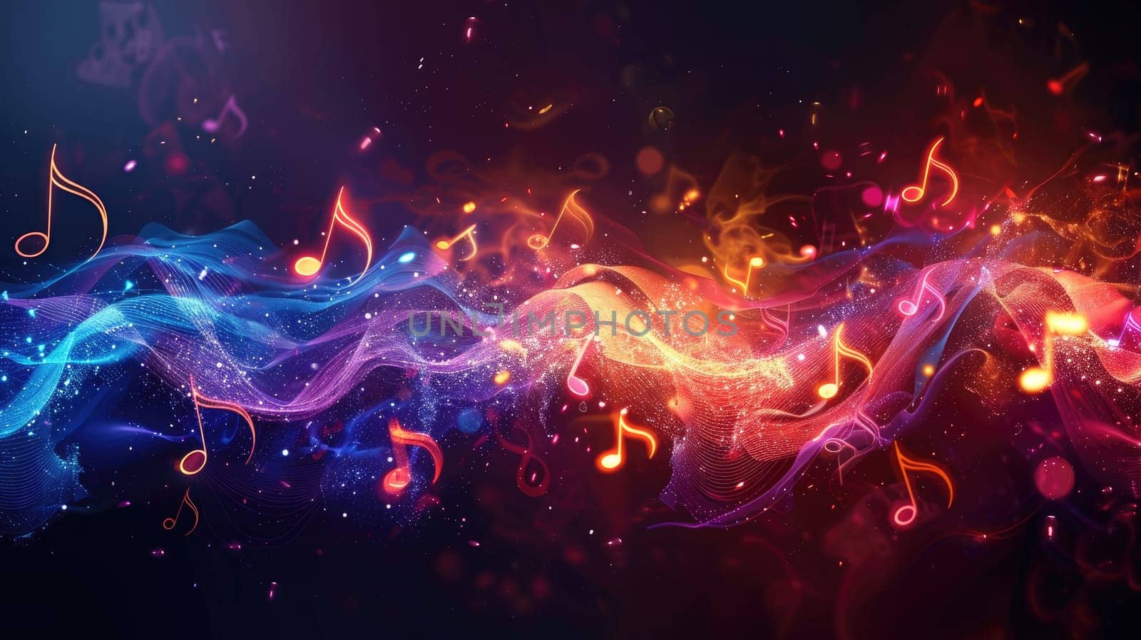 A colorful, swirling line of notes with a lot of sparkles, Generative AI.